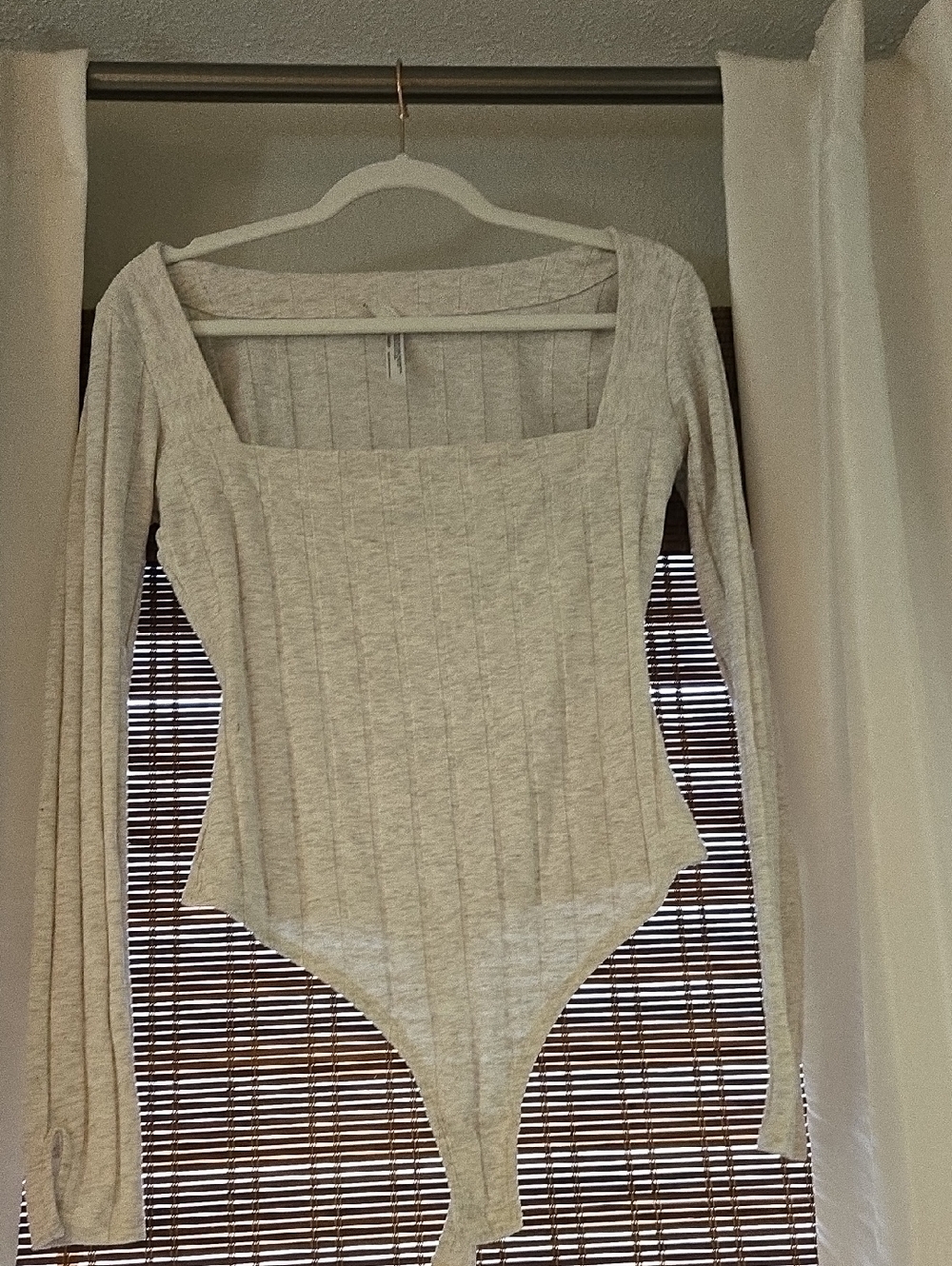 Free People Ribbed Square Neck Long Sleeve Bodysuit - Oatmeal